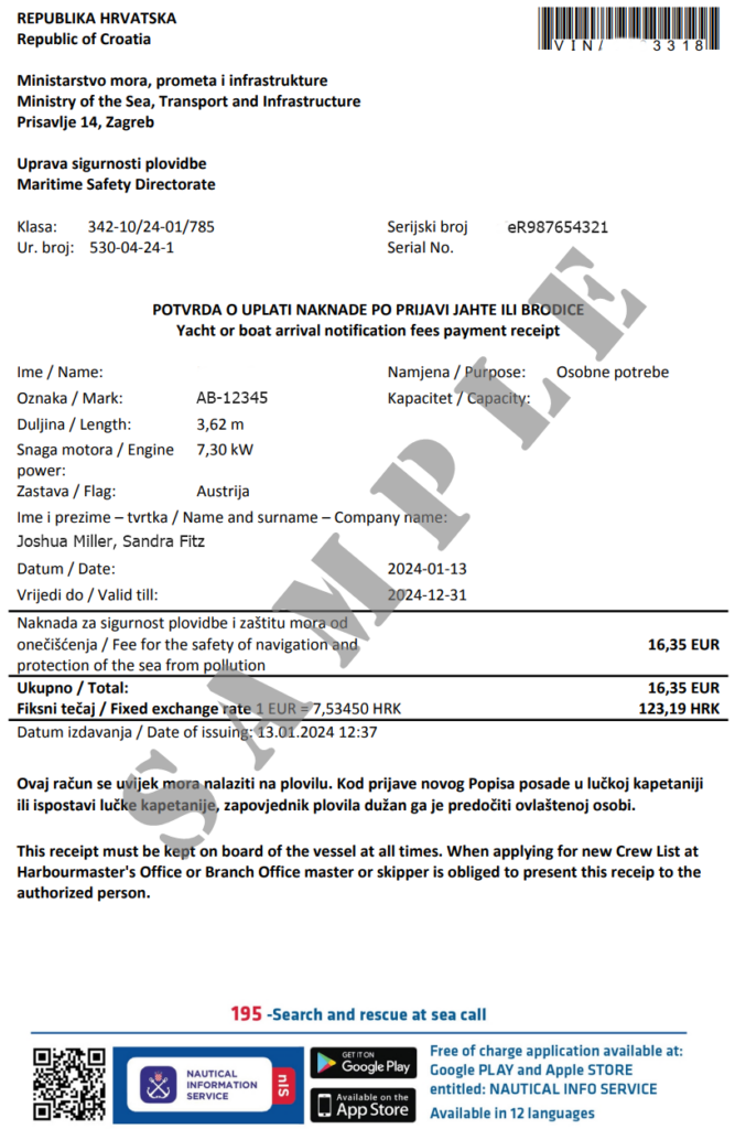 sa,ple of arrival notificaion issued from harbour master / Ministry